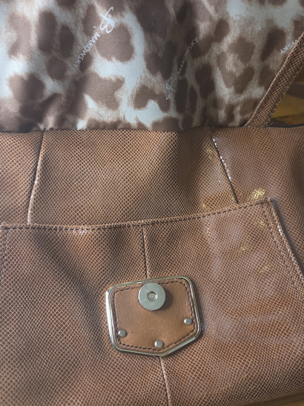 B. Makowsky Cognac Leather Satchel | Luxe Texture + Leopard Lining Chic - Picture 9 of 17